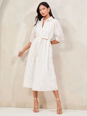 Lipsy White Petite Textured Belted Midi Shirt Dress - Image 3 of 4