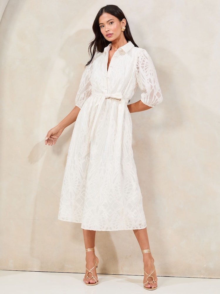Lipsy White Petite Textured Belted Midi Shirt Dress - Image 3 of 4