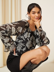 Friends Like These Black Long Sleeve Ruffle Chiffon Blouse - Image 1 of 4