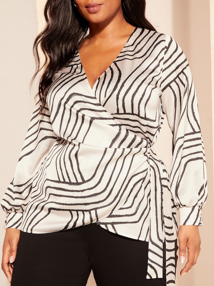 Curves Like These White Long Sleeve Satin Wrap Blouse - Image 2 of 5
