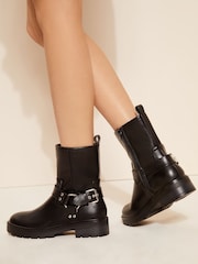 Friends Like These Black Wide Fit Faux Leather Chunky Buckle Ankle Biker Boots - Image 3 of 4
