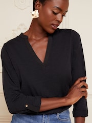 Love & Roses Black Long Sleeve V-Neck 100% Cotton Jersey T-Shirt - Image 1 of 4