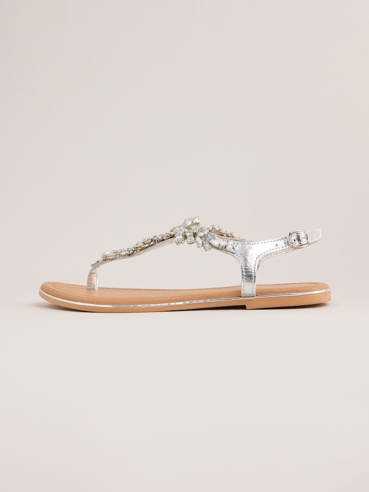 Lipsy Silver Standard Fit Embellished Leather Flat Sandals - Image 5 of 5