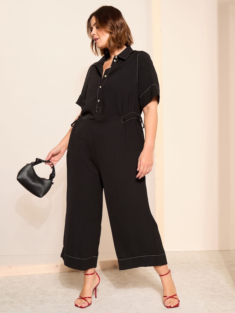 Curves Like These Black Contrast Stitch Utility Wide Leg Jumpsuit - Image 1 of 4 Curves Like These Black Contrast Stitch Utility Wide Leg Jumpsuit - Image 1 of 4