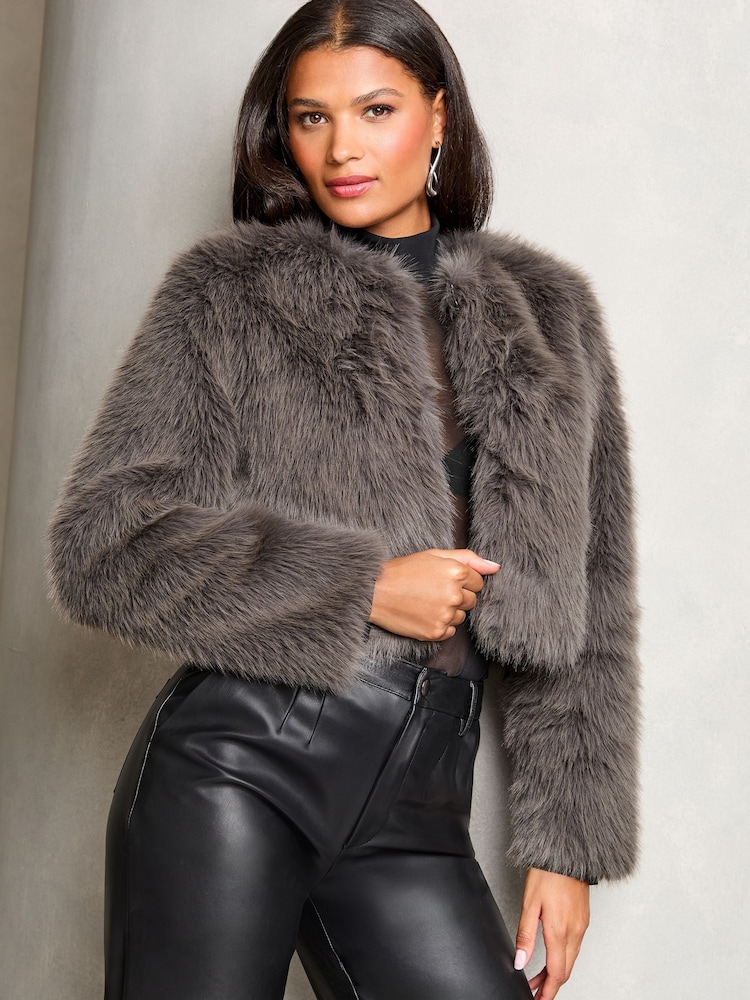 Lipsy Grey Short Faux Fur Coat - Image 1 of 4