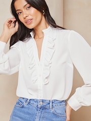 Lipsy White Ruffle Placket V-Neck Blouse - Image 4 of 4