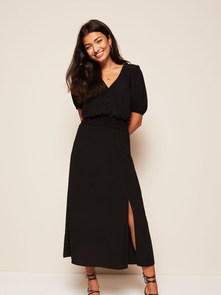 Friends Like These Black Puff Sleeve Ruched Waist V-Neck Midi Dress - Image 4 of 4 Friends Like These Black Puff Sleeve Ruched Waist V-Neck Midi Dress - Image 4 of 4