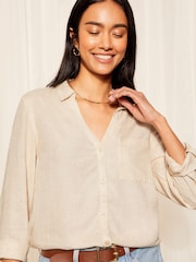 Friends Like These Natural Long Sleeve Button Through Shirt with Linen - Image 1 of 4