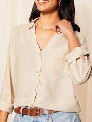 Friends Like These Natural Long Sleeve Button Through Shirt with Linen - Image 3 of 4