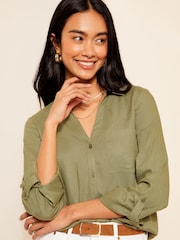 Friends Like These Green Long Sleeve Button Through Shirt with Linen - Image 1 of 4