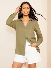 Friends Like These Green Long Sleeve Button Through Shirt with Linen - Image 2 of 4