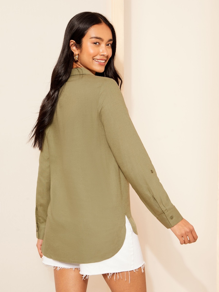 Friends Like These Green Long Sleeve Button Through Shirt with Linen - Image 4 of 4