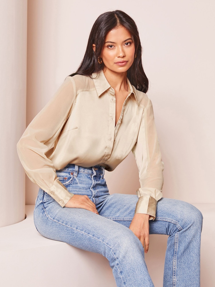 Lipsy Gold Satin Sleeve Button Through Shirt - Image 1 of 4