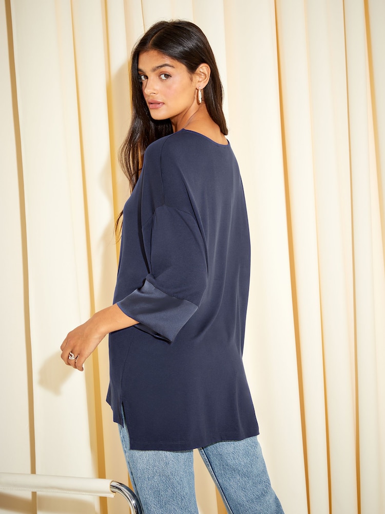 Friends Like These Blue Soft Jersey Long Sleeve Satin Trim Tunic Top - Image 2 of 8