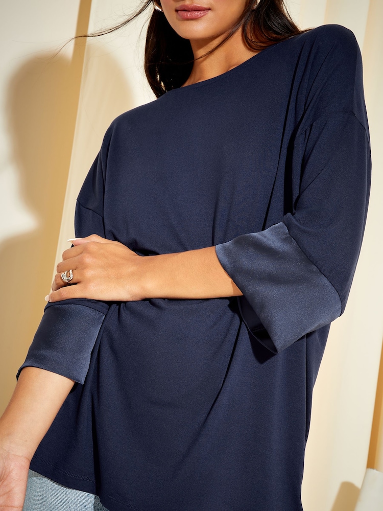 Friends Like These Blue Soft Jersey Long Sleeve Satin Trim Tunic Top - Image 8 of 8 Friends Like These Blue Soft Jersey Long Sleeve Satin Trim Tunic Top - Image 8 of 8
