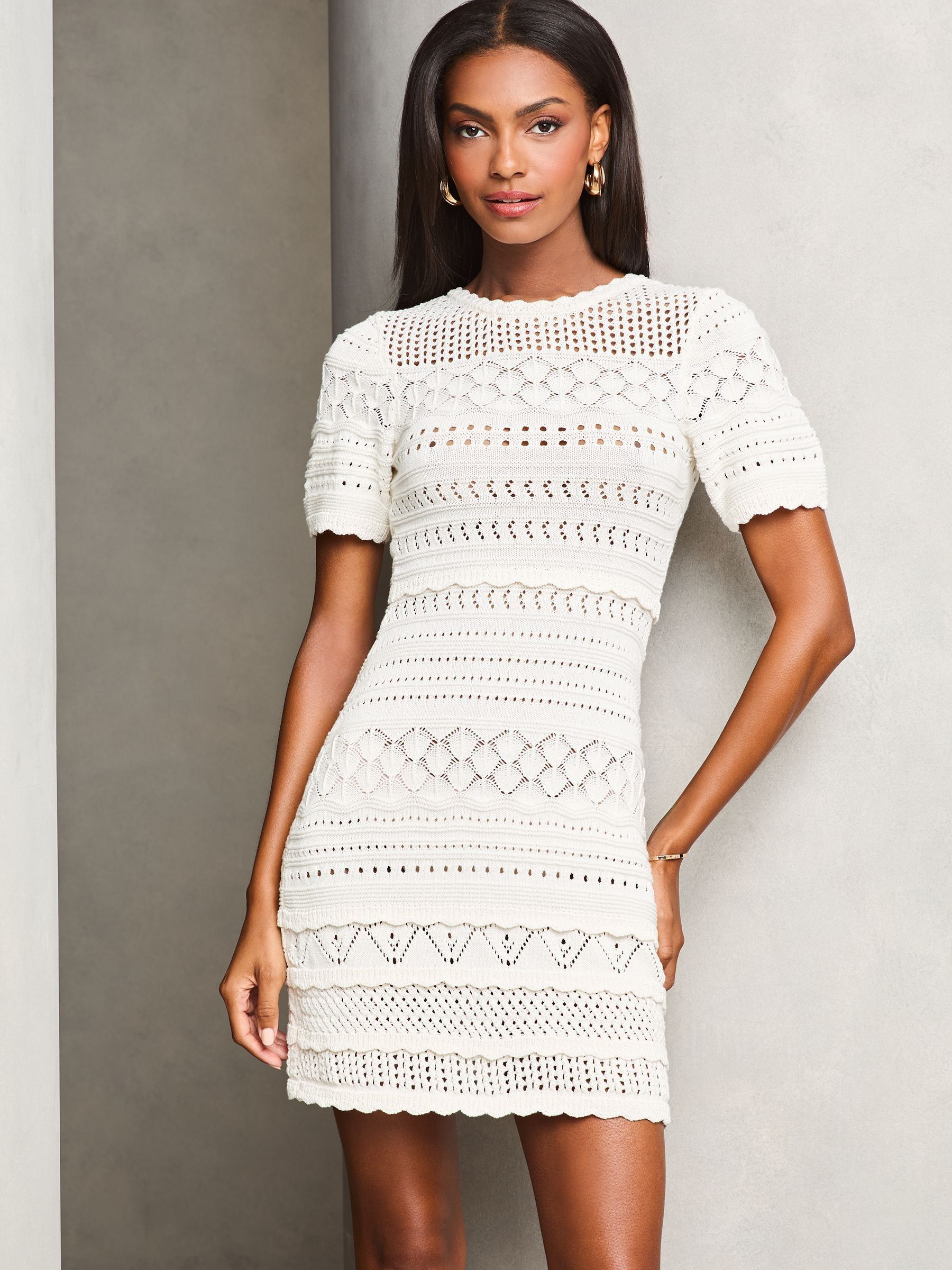 Buy Lipsy White Crochet Fit and Flare Short Sleeve Summer