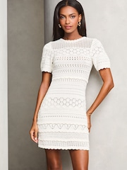 Lipsy White Crochet Fit and Flare Short Sleeve Summer Mini Dress - Image 1 of 4