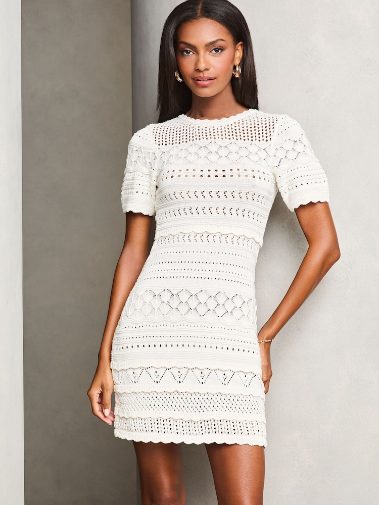 Lipsy White Crochet Fit and Flare Short Sleeve Summer Mini Dress - Image 1 of 4