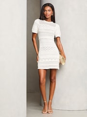 Lipsy White Crochet Fit and Flare Short Sleeve Summer Mini Dress - Image 2 of 4