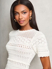 Lipsy White Crochet Fit and Flare Short Sleeve Summer Mini Dress - Image 3 of 4