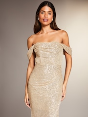 Lipsy Gold Sequin Bardot Split Drape Maxi Dress - Image 2 of 8