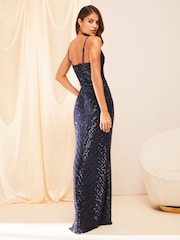 Lipsy Navy 1 Petite Short Sleeve Cowl Neck Sequin Maxi Dress - Image 3 of 5