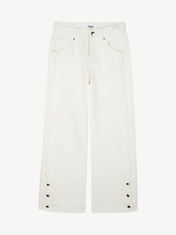 Chloé Wide Leg White Denim Jeans With Scallop Detail and Logo Pocket - Image 1 of 3