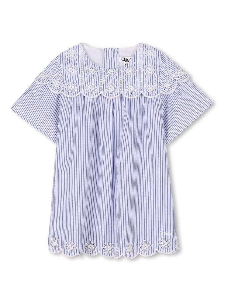 Chloé Baby Blue Pinstripe Dress With Scalloping and Broderie Detail - Image 1 of 2