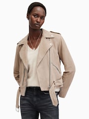 AllSaints Grey Suede Balfern Biker Jacket - Image 1 of 7