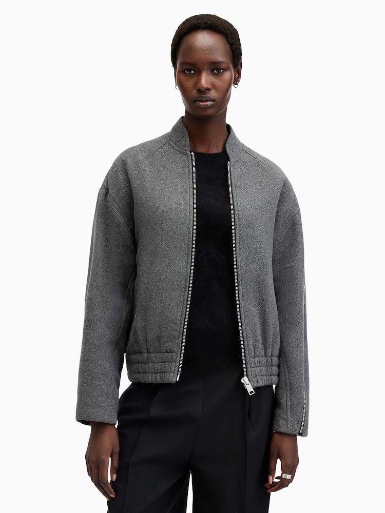 AllSaints Grey Hackney Bomber Jacket - Image 1 of 9