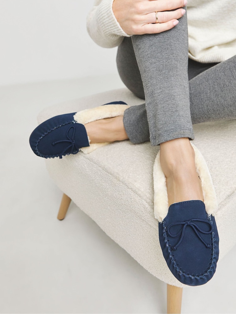 JD Williams Blue Wide Fit Classic Suede Moccasin Slippers - Image 1 of 6