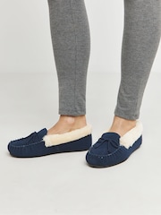 JD Williams Blue Wide Fit Classic Suede Moccasin Slippers - Image 3 of 6