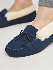 JD Williams Blue Wide Fit Classic Suede Moccasin Slippers - Image 4 of 6