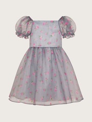 Monsoon Blue Puff Sleeve Floral Organza Dress - Image 1 of 4