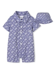 BOSS Blue Baby All-Over Logo Romper & Hat Set - Image 1 of 8