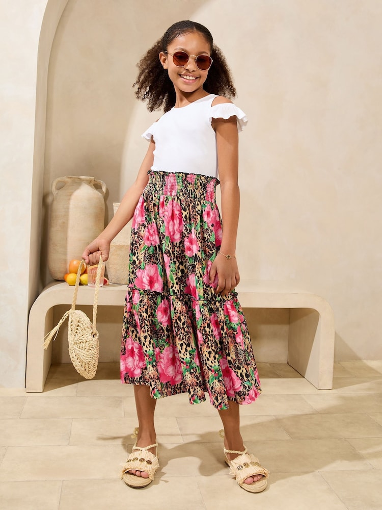 Lipsy White Leopard Print Cold Shoulder Jersey 2-in-1 Holiday Shop Dress (5-16yrs) - Image 1 of 4