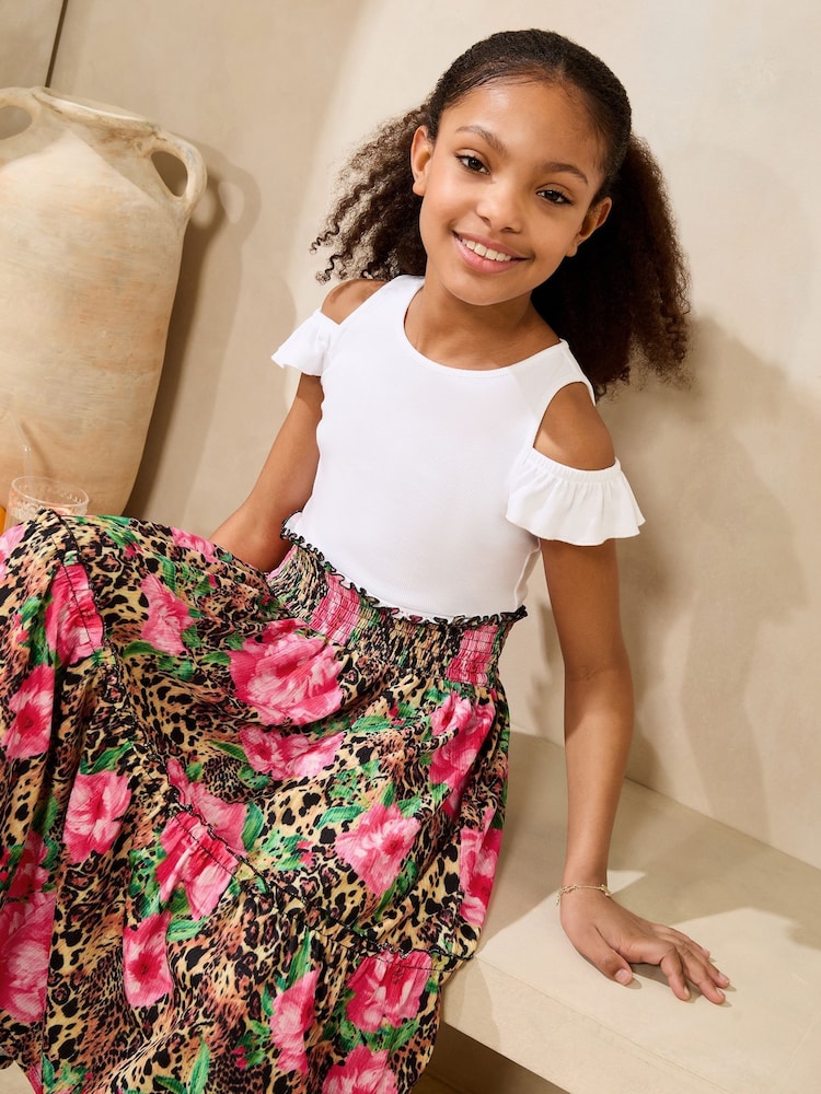 Lipsy White Leopard Print Cold Shoulder Jersey 2-in-1 Holiday Shop Dress (5-16yrs) - Image 2 of 4