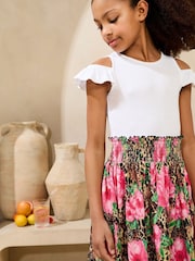 Lipsy White Leopard Print Cold Shoulder Jersey 2-in-1 Holiday Shop Dress (5-16yrs) - Image 3 of 4