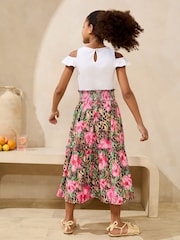 Lipsy White Leopard Print Cold Shoulder Jersey 2-in-1 Holiday Shop Dress (5-16yrs) - Image 4 of 4