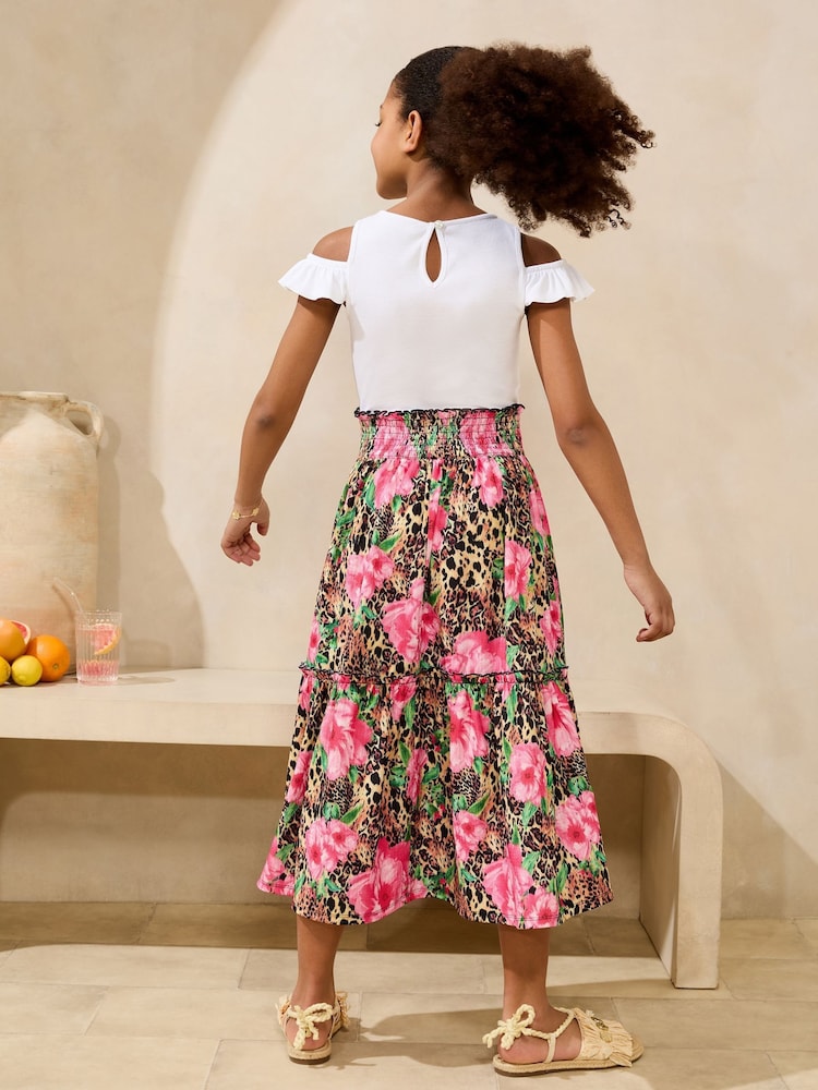 Lipsy White Leopard Print Cold Shoulder Jersey 2-in-1 Holiday Shop Dress (5-16yrs) - Image 4 of 4