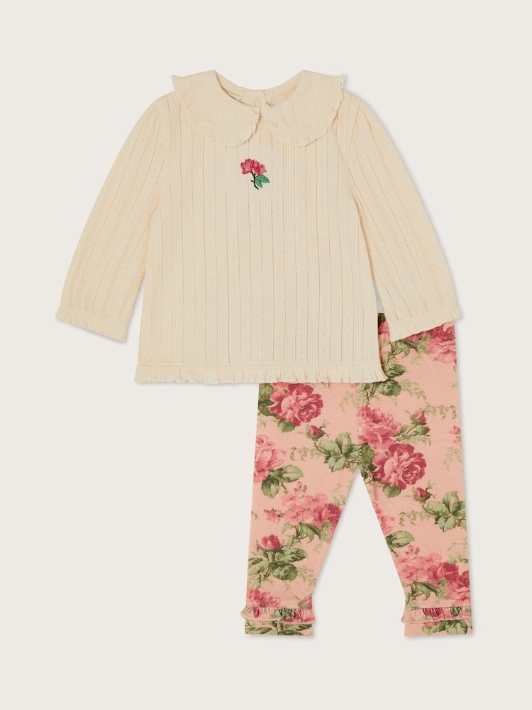 Monsoon Newborn Betsy Pointelle 100% Cotton Top and Floral Leggings Set - Imagen 1 de 3