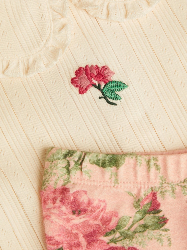 Monsoon Newborn Betsy Pointelle 100% Cotton Top and Floral Leggings Set - Imagen 3 de 3