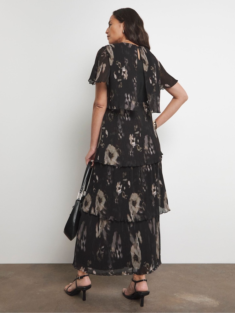 Joanna Hope Tiered Pleated Black Printed Angel Sleeve Dress - Image 2 of 4 Joanna Hope Tiered Pleated Black Printed Angel Sleeve Dress - Image 2 of 4