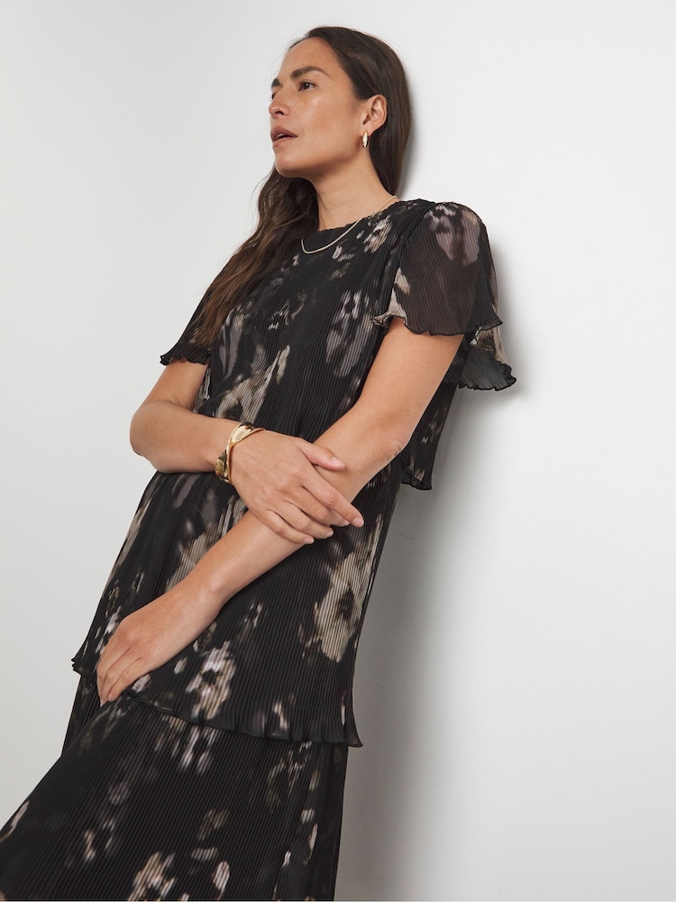 Joanna Hope Tiered Pleated Black Printed Angel Sleeve Dress - Image 4 of 4