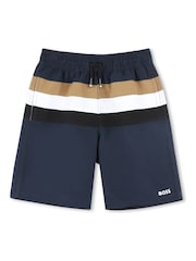 BOSS Blue Colour Block Stripe Swim Shorts - Image 1 of 2