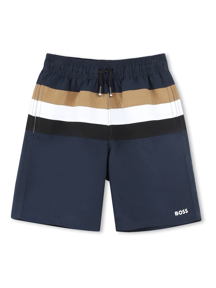 BOSS Blue Colour Block Stripe Swim Shorts - Image 1 of 2