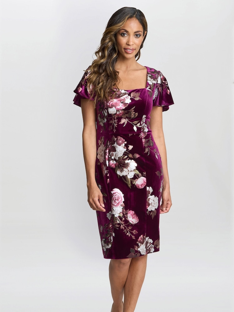 Gina Bacconi Paulina Square Neck Foil Printed Velvet Dress - Image 1 of 5