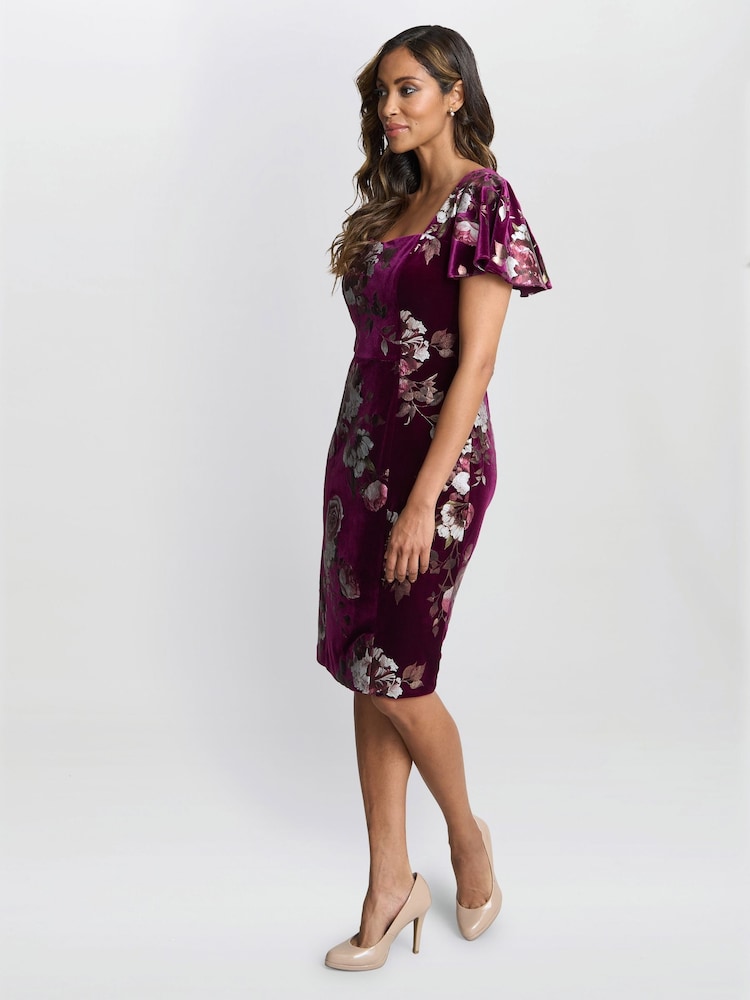 Gina Bacconi Paulina Square Neck Foil Printed Velvet Dress - Image 3 of 5