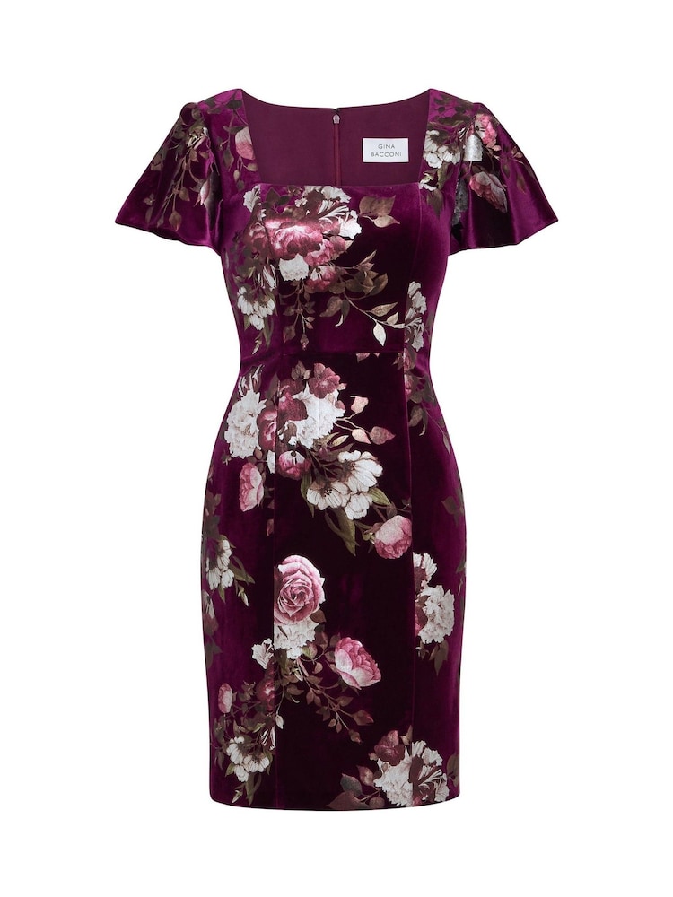 Gina Bacconi Paulina Square Neck Foil Printed Velvet Dress - Image 5 of 5