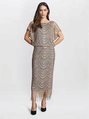 Gina Bacconi Arleen Long Blouson Fringe Hem Dress - Image 1 of 5